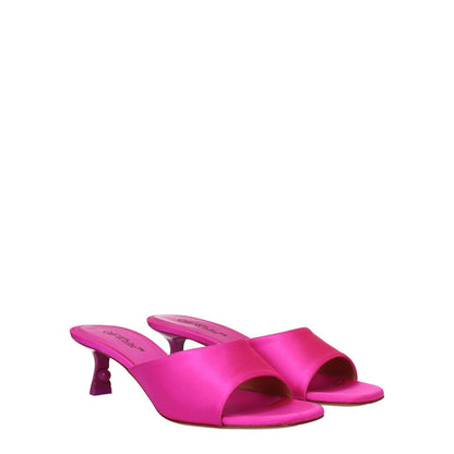 Alt Tag: Off-White Pink Satin Stiletto Heel Sandals featuring fuchsia satin, open toe design, and 5 cm mid heels.