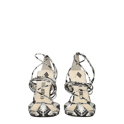 The Attico White Leather Stiletto Heel Sandals with snake print accents, featuring a vintage self-tie design and 11 cm high heels.