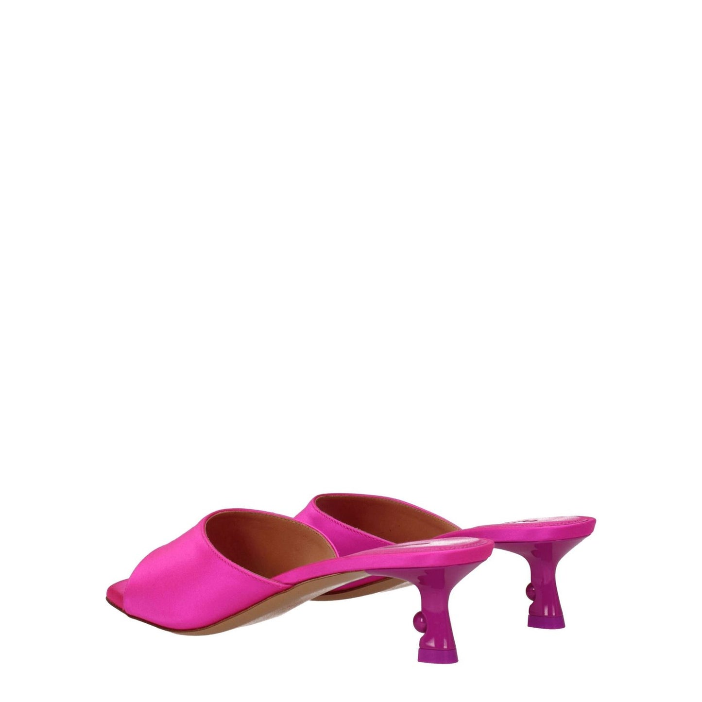Off-White Pink Satin Stiletto Heel Sandals with open toe design and mid heels, made with satin and leather sole, featuring vibrant fuchsia color.
