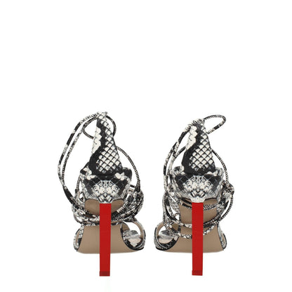 The Attico White Leather Stiletto Heel Sandals with snake print and red sole, featuring vintage effect and open toe design.