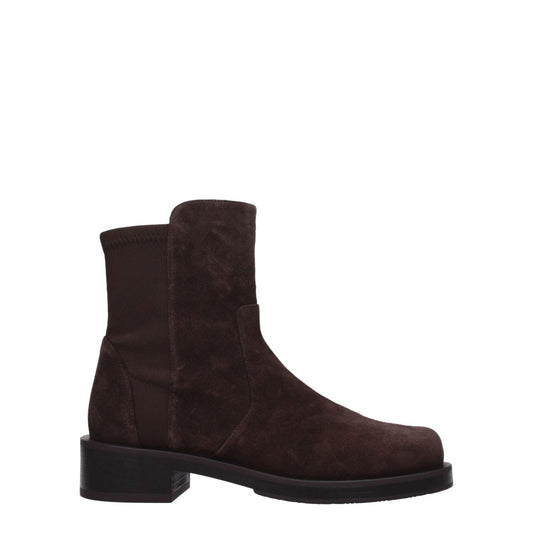 Stuart Weitzman Brown Leather Ankle Boots in suede with round toe and mid heels, featuring a rubber sole for casual wear.