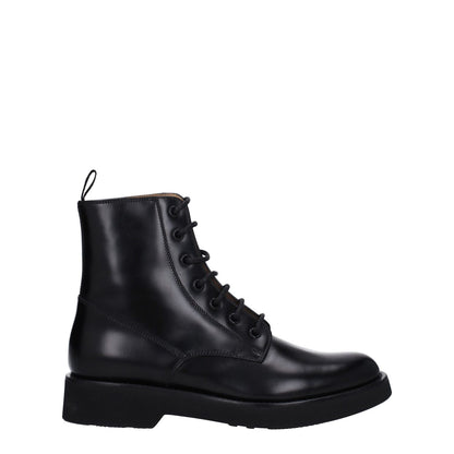 Church's Black Leather Ankle Boots with lace-up closure and vintage effect, featuring a low flat heel and rubber sole.