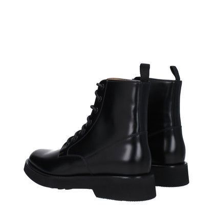 Church's Black Leather Ankle Boots with lace-up closure, vintage effect, low flat heel, and round toe.