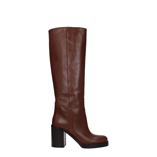 Prada Brown Leather High Heel Boots with 9 cm heel, round toe, leather sole, and cognac secondary color, style: casual, code: F78782.