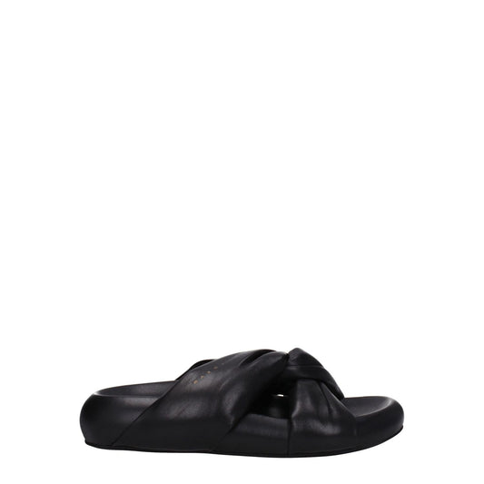 Marni Black Leather Slippers with open toe design and side logo, featuring mid heels and rubber sole, shown in side view.