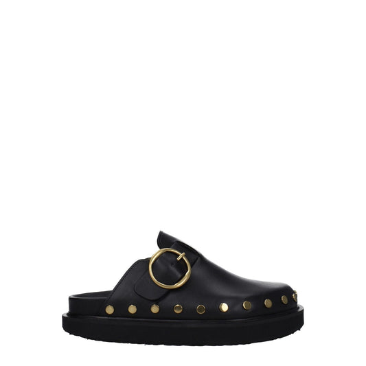 Isabel Marant Black Leather Slippers with gold buckle and studs, vintage style, round toe, low flat heel.