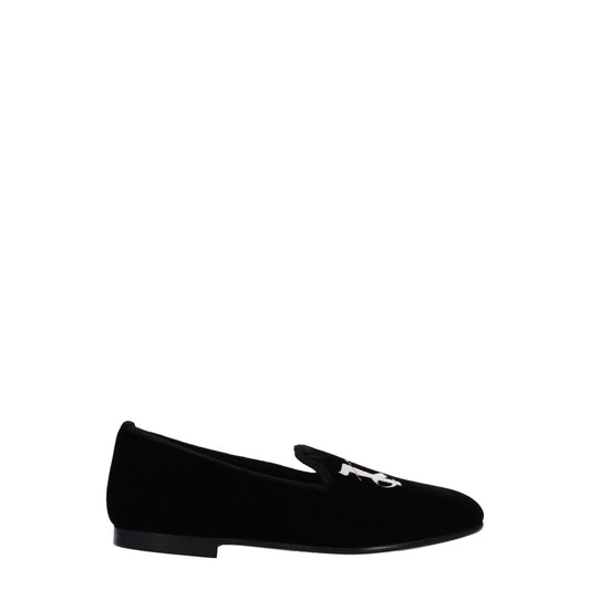 Palm Angels Black Velvet Slip-On Loafers with front logo detail, casual style, leather sole, round toe, and low flat heel.