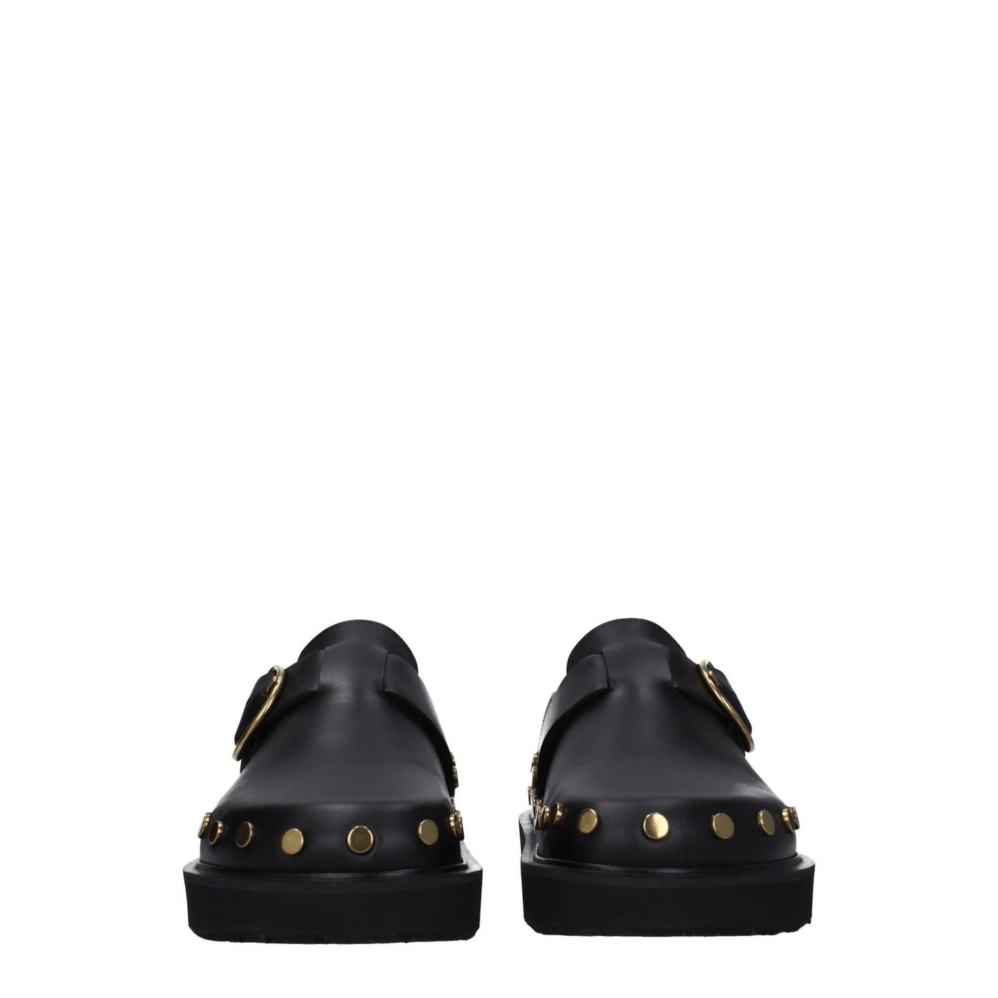 Isabel Marant Black Leather Slippers with gold studs, vintage design, buckle closure, rubber sole, and round toe. MPN: ML0009FAA3B19SBKGO.