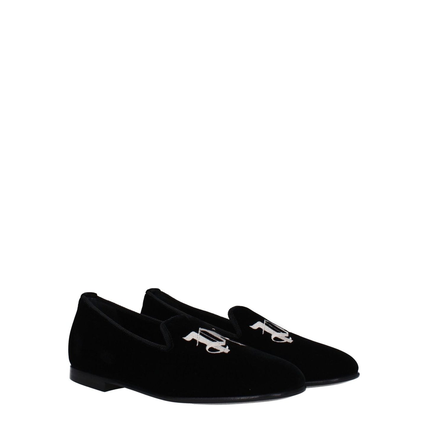 Palm Angels Black Velvet Slip-On Loafers with front logo, round toe, leather sole, casual style, MPN PWIG004FAB0011000.