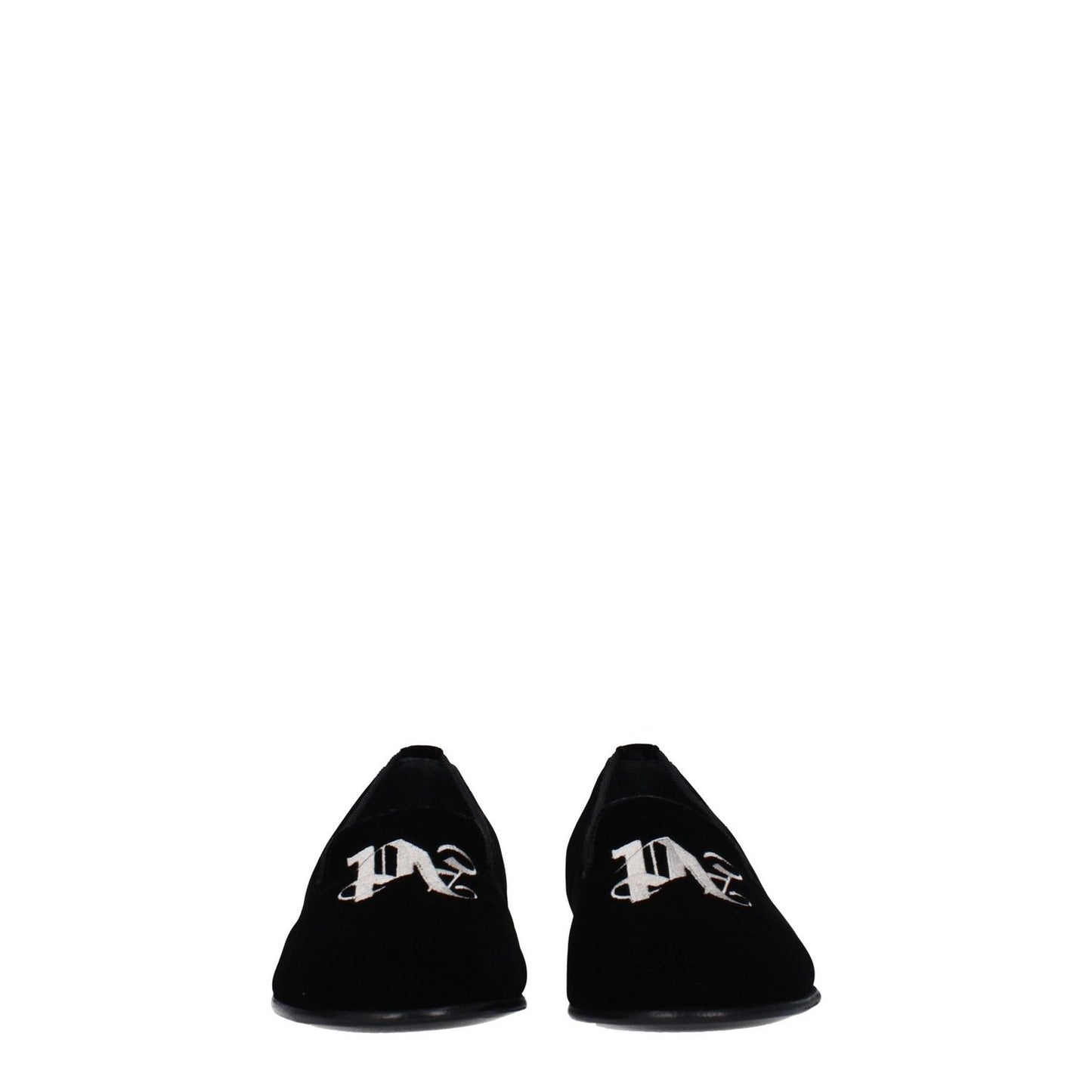 Palm Angels Black Velvet Slip-On Loafers with front logo, leather sole, and round toe design. Casual velvet loafers, MPN PWIG004FAB0011000.