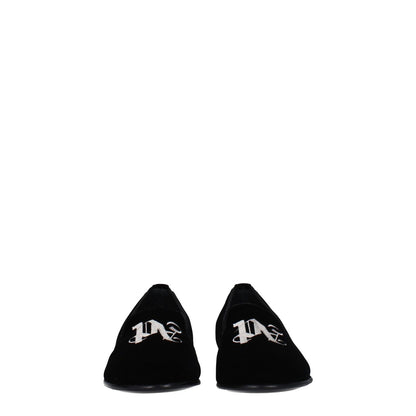 Palm Angels Black Velvet Slip-On Loafers with front logo, leather sole, and round toe design. Casual velvet loafers, MPN PWIG004FAB0011000.