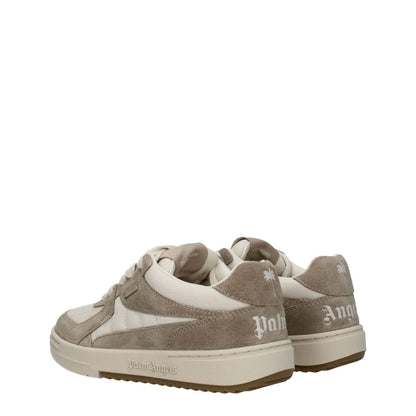 Palm Angels Beige Fabric Low Top Sneakers with suede uppers and rubber soles, featuring logo details on the front, side, and back.