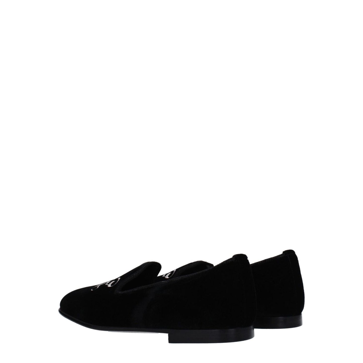 Palm Angels Black Velvet Slip-On Loafers with front logo, round toe, and low flat heel, viewed from side and back on white background.