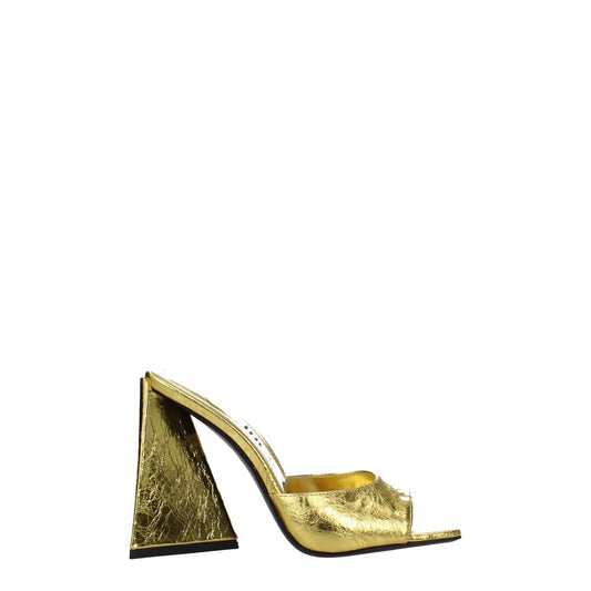 The Attico Gold Leather Platform Sandals with high heel and open toe design showcasing vintage effect.