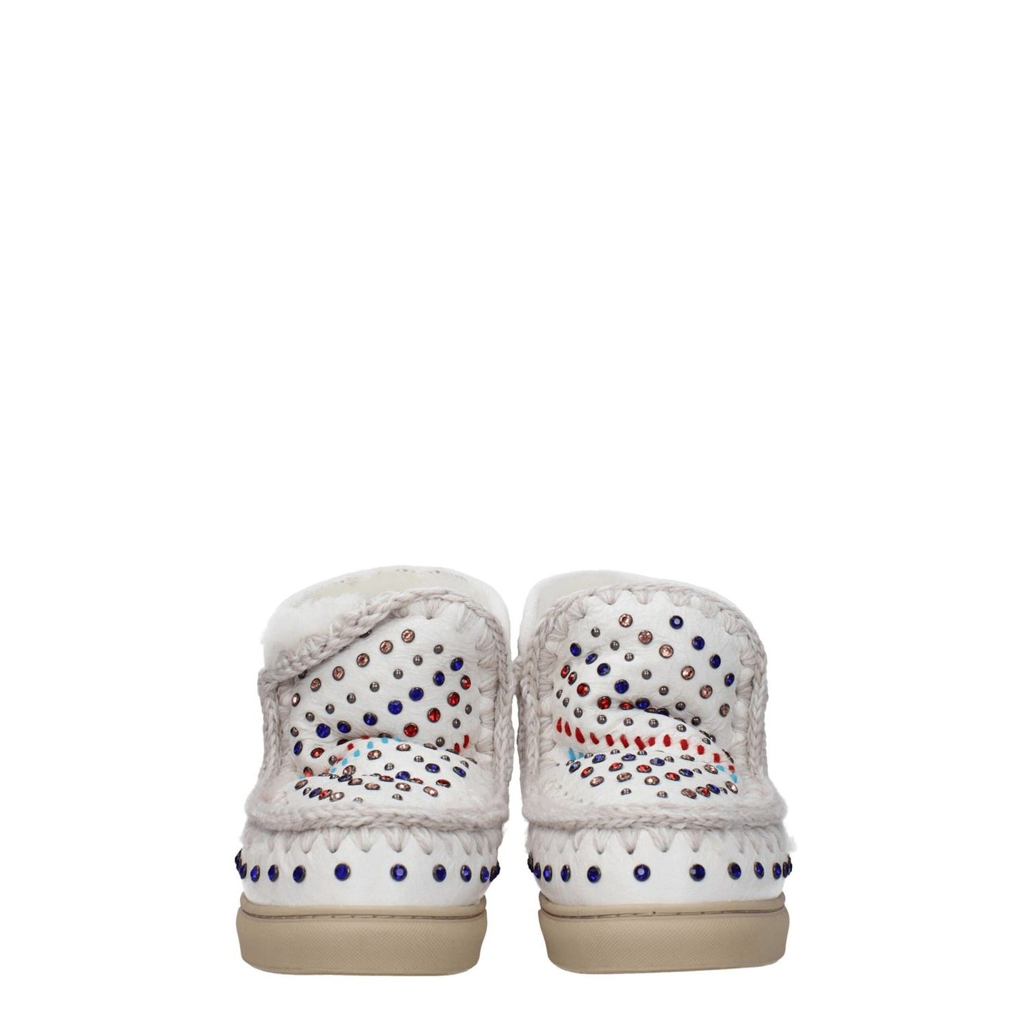 Back view of Mou White Leather Ankle Boots with stud and stone details, rubber sole, and round toe design. Casual style with a low flat heel.