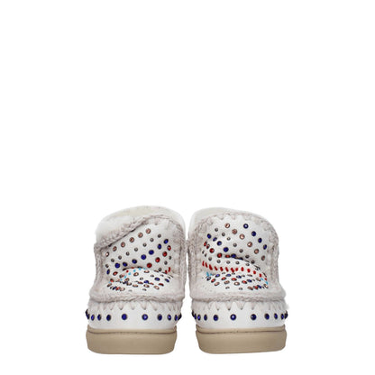 Back view of Mou White Leather Ankle Boots with stud and stone details, rubber sole, and round toe design. Casual style with a low flat heel.