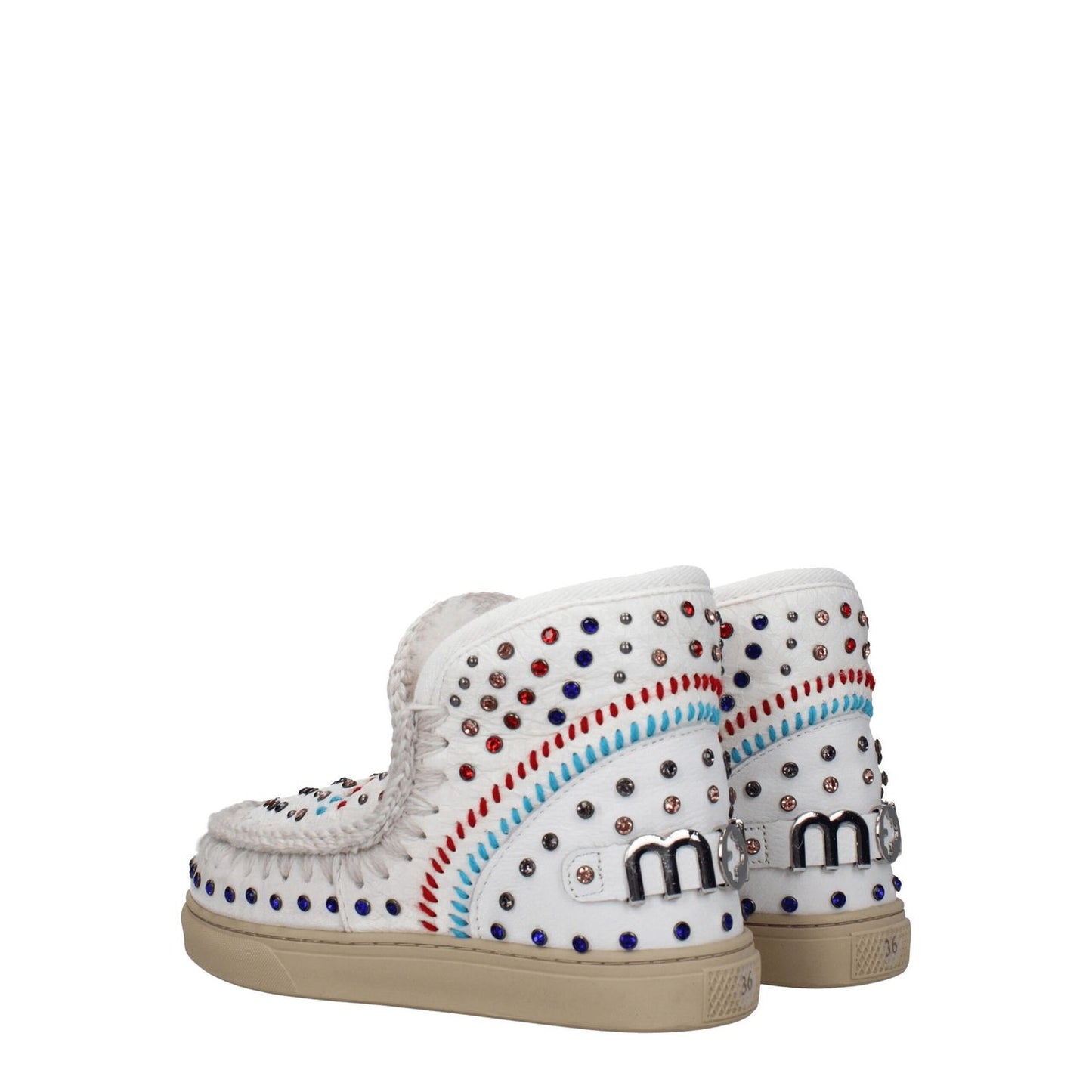Mou White Leather Ankle Boots with studs, back logo, and stones, featuring a rubber sole, round toe, and low wedge.