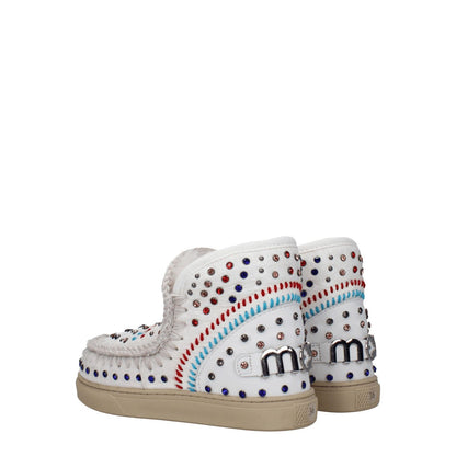 Mou White Leather Ankle Boots with studs, back logo, and stones, featuring a rubber sole, round toe, and low wedge.