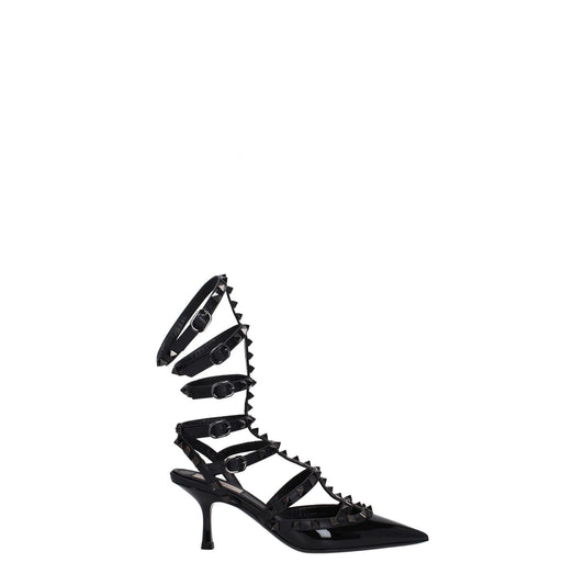 Valentino Garavani Black Leather Stiletto Heel Sandals with studs and buckle closure, featuring pointy toe and mid heel.
