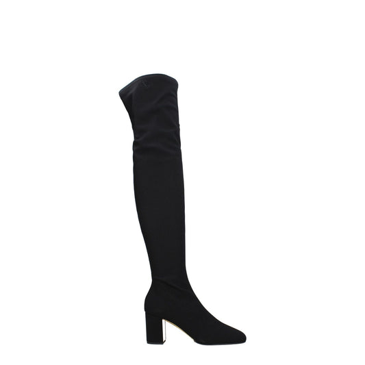 Valentino Garavani Black Fabric Over The Knee Boots with square toe, mid heels, and zip closure.