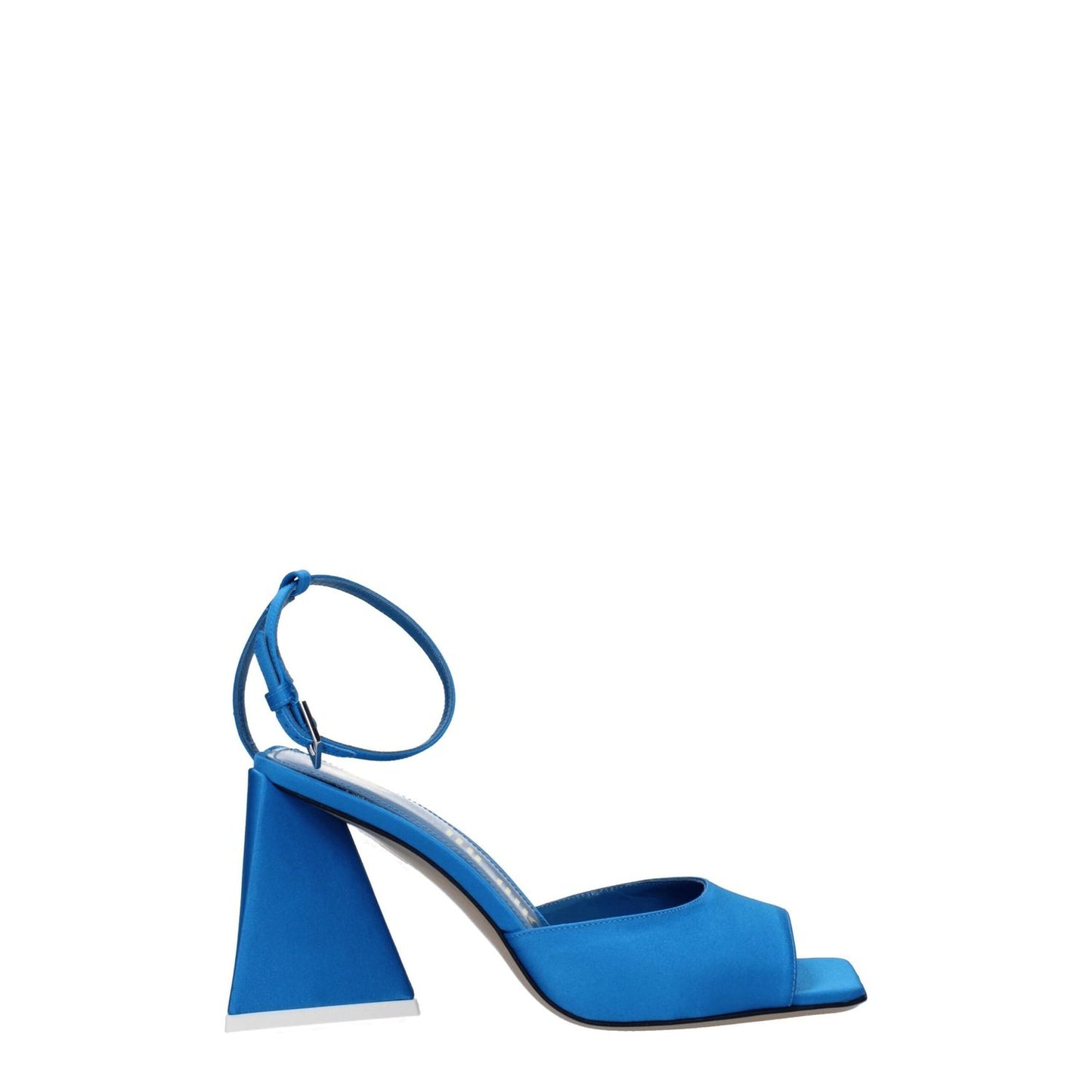 The Attico Blue Satin Stiletto Heel Sandals with buckle closure, leather sole, open toe, and 8.5 cm mid heels