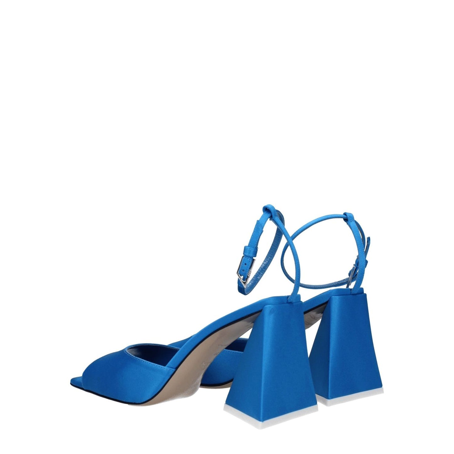The Attico Blue Satin Stiletto Heel Sandals with buckle closure and open toe design, featuring a mid heel and leather sole.