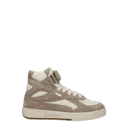 Palm Angels Beige Leather High Top Sneakers with strap closure and rubber sole, featuring front, side, and back logos, camel accents.