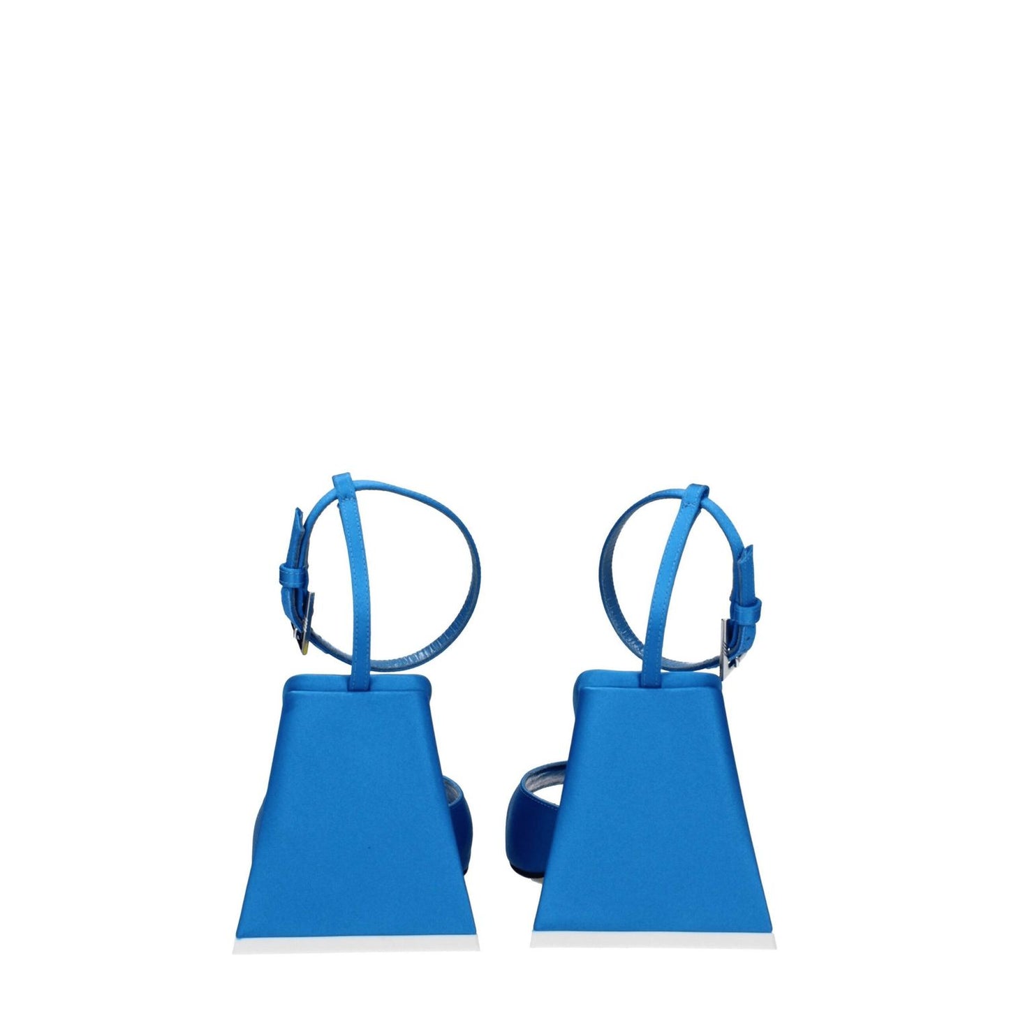 Back view of The Attico Blue Satin Stiletto Heel Sandals with buckle closure and leather soles, featuring an 8.5 cm mid heel.