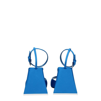 Back view of The Attico Blue Satin Stiletto Heel Sandals with buckle closure and leather soles, featuring an 8.5 cm mid heel.