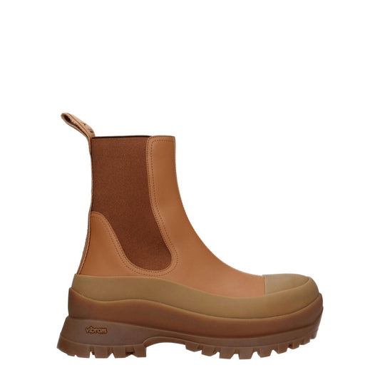 Stella McCartney Brown Leather Ankle Boots with eco leather, rubber sole, mid heels, and round toe design.