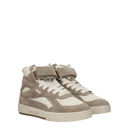 Palm Angels Beige Leather High Top Sneakers with strap closure and rubber sole, featuring front, side, and back logos, sporty glam style.