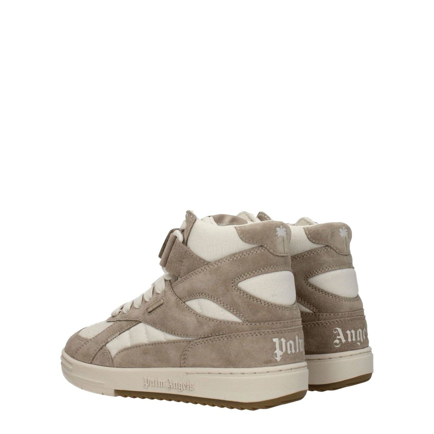 Alt Tag: Palm Angels Beige Leather High Top Sneakers with logos, sporty glam suede design, rubber sole, low heel, round toe, camel accents.