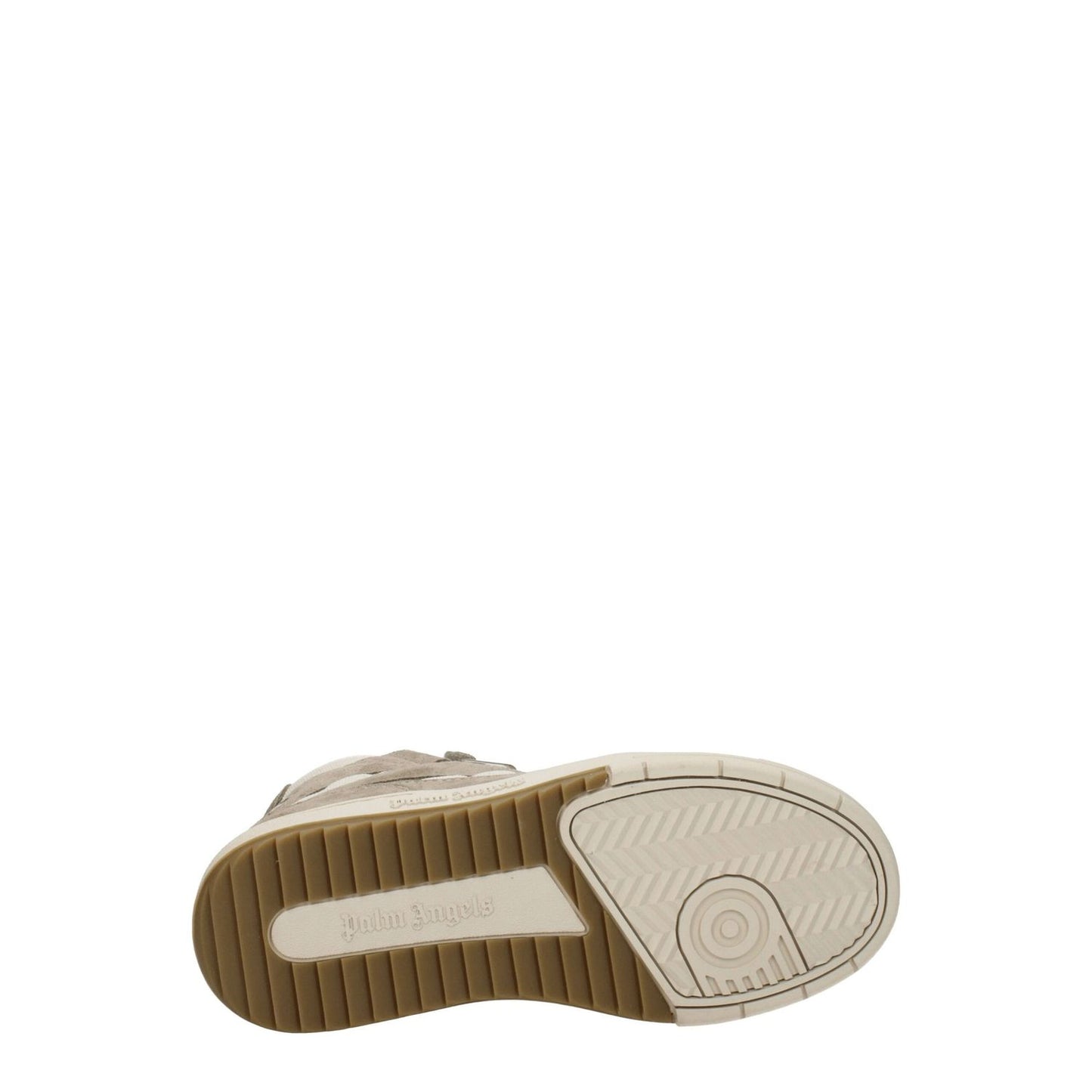Bottom view of Palm Angels Beige Leather High Top Sneakers with rubber sole and strap closure in suede design.