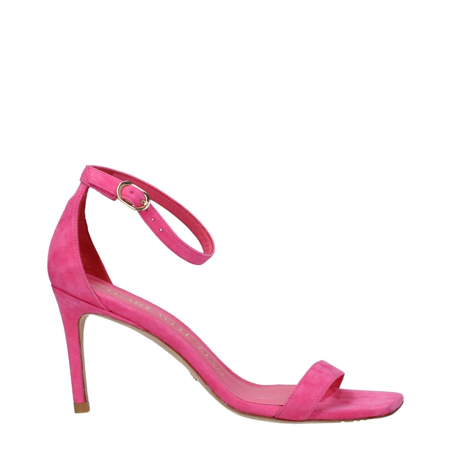 Stuart Weitzman Pink Leather Stiletto Heel Sandals with buckle closure, open toe, and 8 cm high heel in fuchsia suede.