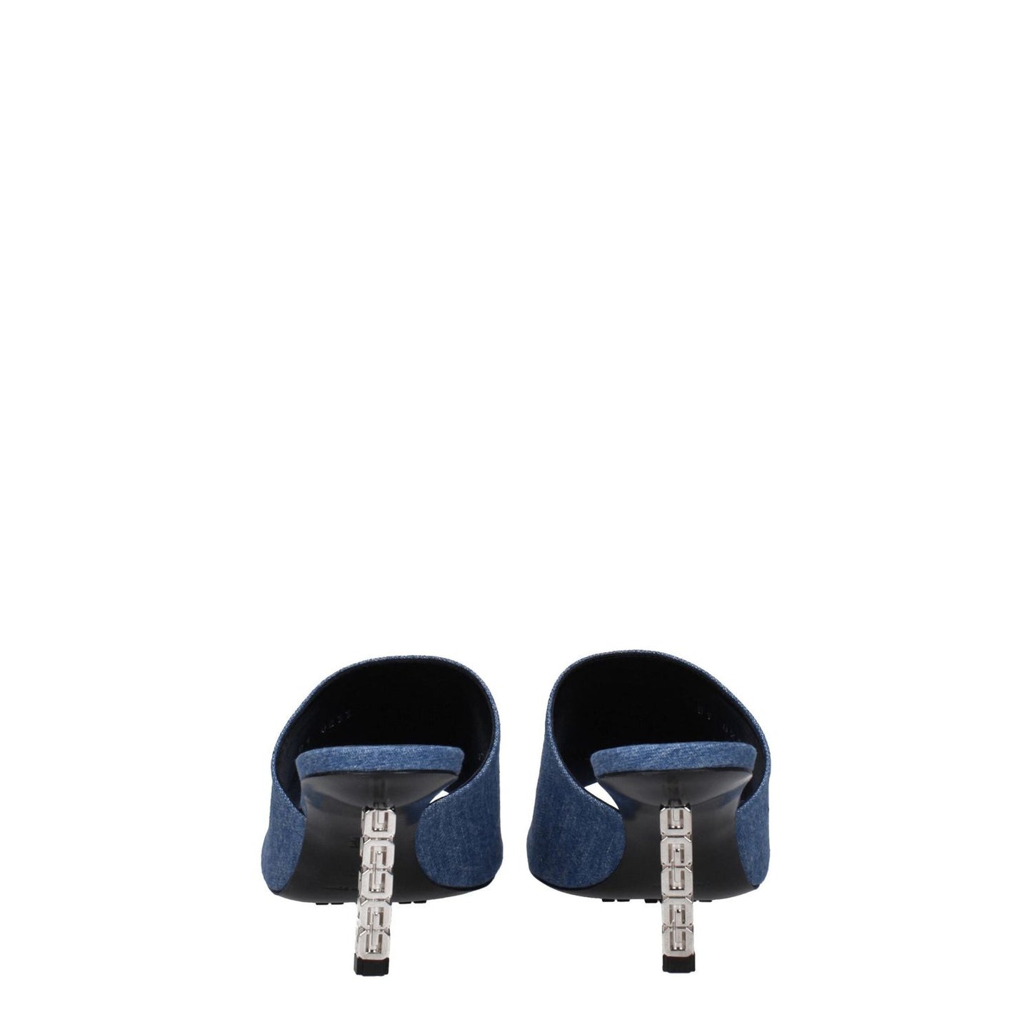 Rear view of Givenchy Blue Fabric Platform Sandals with leather sole and mid heels, showcasing fabric texture and open toe design.