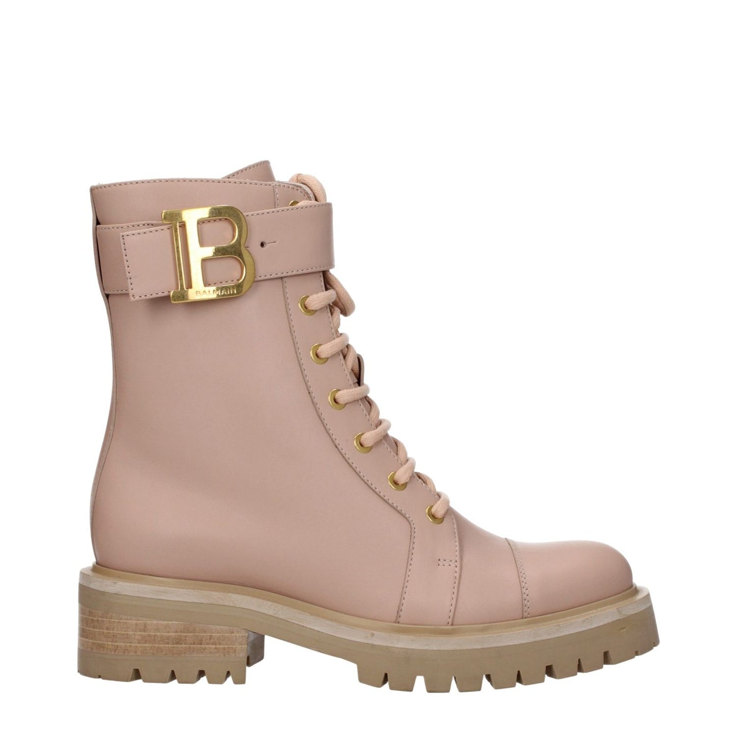 Balmain Beige Leather Ankle Boots with logo, lace-up closure, round toe, mid heels. Sporty glam style with rubber sole, MPN TC502LVTO0AP.