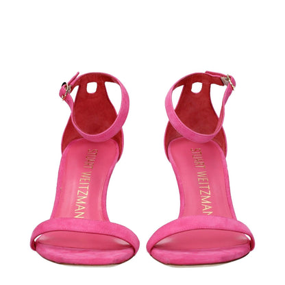 Front view of Stuart Weitzman Pink Leather Stiletto Heel Sandals with buckle closure and open toe, suede finish, heel height 8 cm.