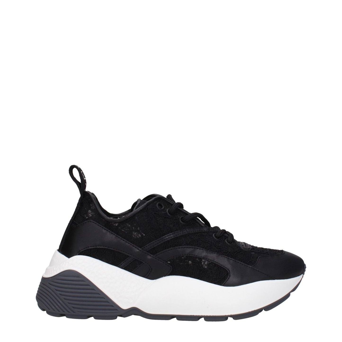 Stella McCartney Black Fabric Chunky Sneakers with lace-up closure, rubber sole, and round toe design. Casual style, mid heel, 6 cm height.