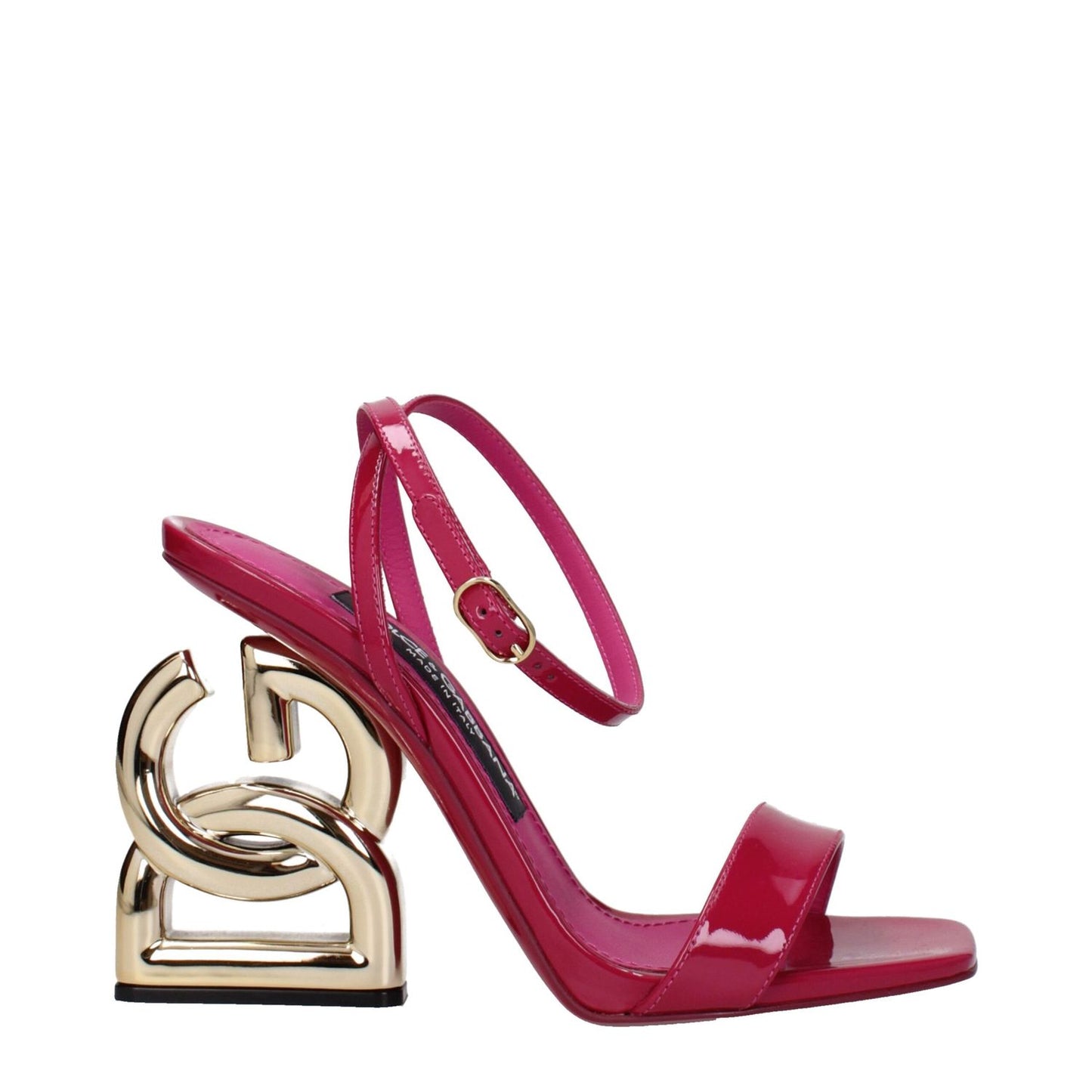 Dolce & Gabbana Pink Leather Stiletto Heel Sandals with gold and cyclamen accents, buckle closure, open toe, and high heel.