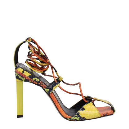 The Attico Orange Leather Stiletto Heel Sandals with vintage snake print, open toe, high heel, and self-tie closures.
