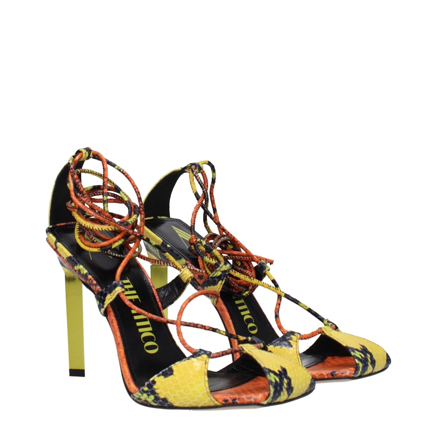 The Attico Orange Leather Stiletto Heel Sandals with self-tie closures and snake print, vintage effect, high heel, open toe design.