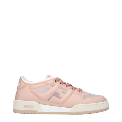 Fendi Pink Fibres Sneakers with lace-up closure, front, side, and back logos, featuring a round toe and rubber sole.