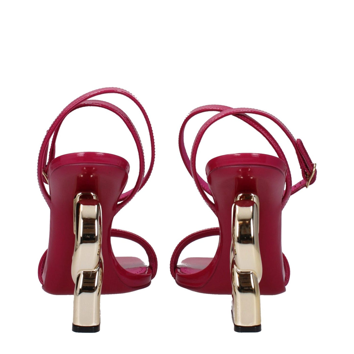 Dolce & Gabbana Pink Leather Stiletto Heel Sandals with gold accents, buckle closure, and open toe, view from the back showcasing heel design.