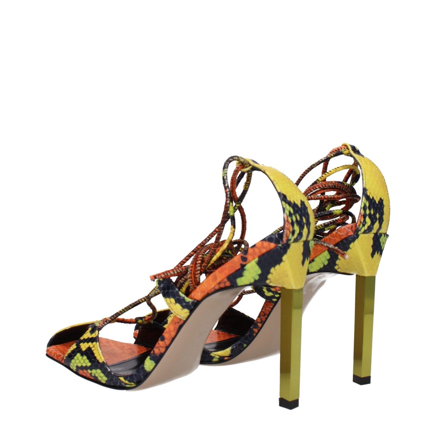 The Attico Orange Leather Stiletto Heel Sandals with snake print and 11 cm high heel, featuring vintage effect.