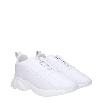 Burberry White Leather Sneakers with lace-up closure, rubber sole, round toe, mid heels, featuring front and back logos.