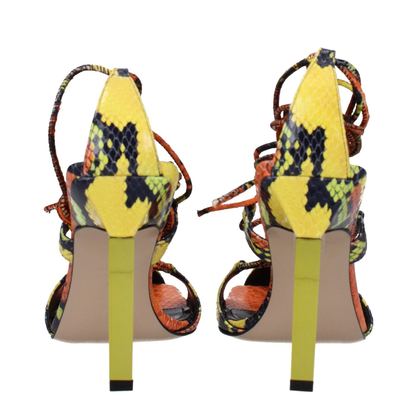 Back view of The Attico Orange Leather Stiletto Heel Sandals with snake print and 11 cm high heels.