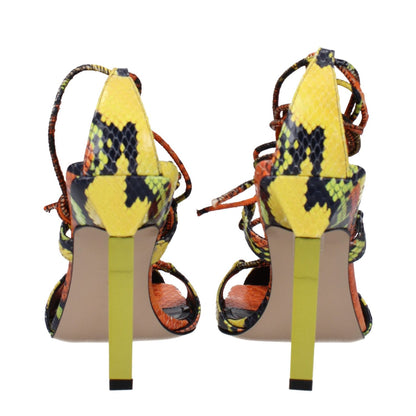 Back view of The Attico Orange Leather Stiletto Heel Sandals with snake print and 11 cm high heels.