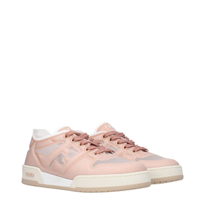 Fendi Pink Fibres Sneakers with logos, pink net material, lace-up closure, round toe, flat sole, and blossom accents.