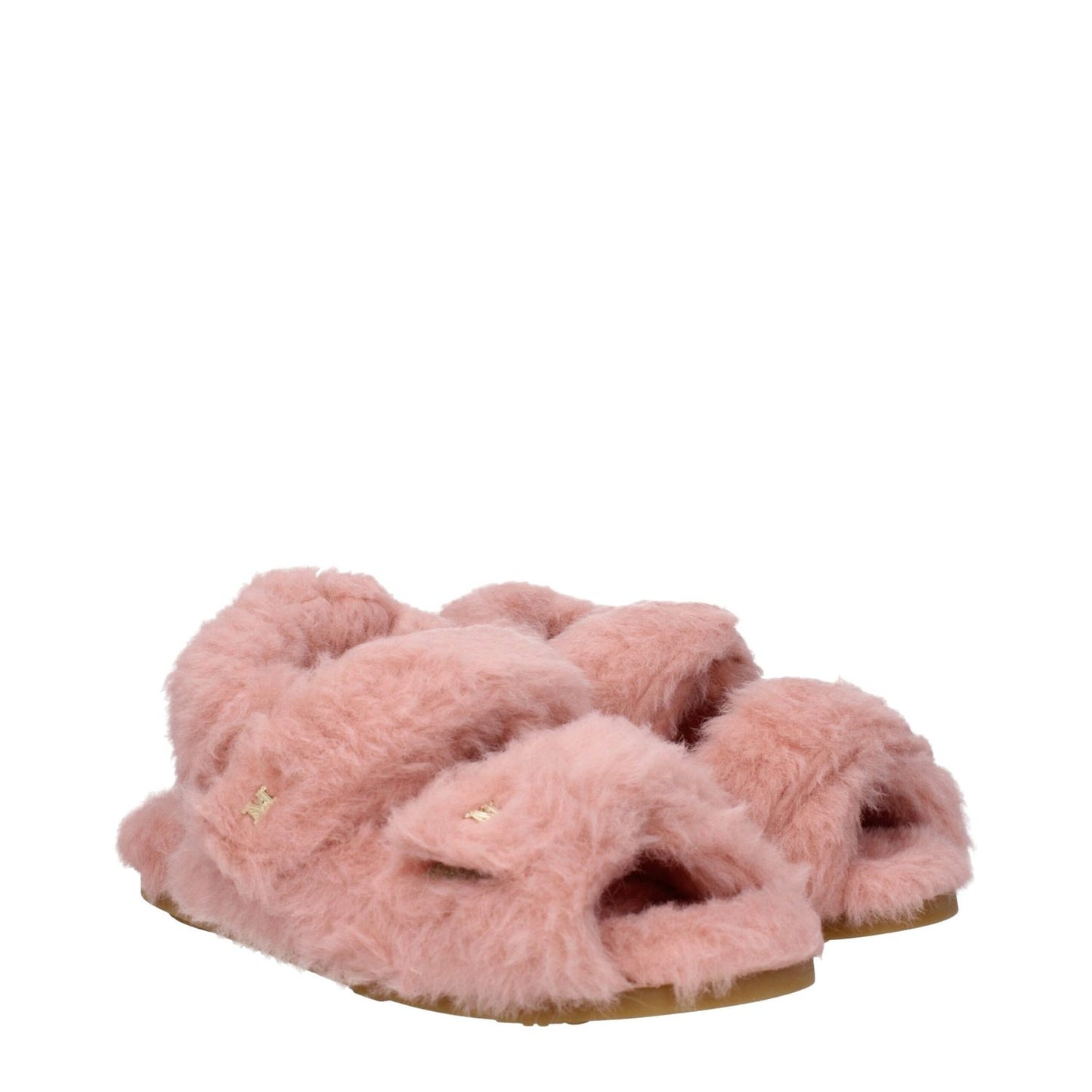 Max Mara Pink Fur Flat Sandals with open toe, strap closure, and rubber sole, featuring plush eco fur in pink for a casual style.