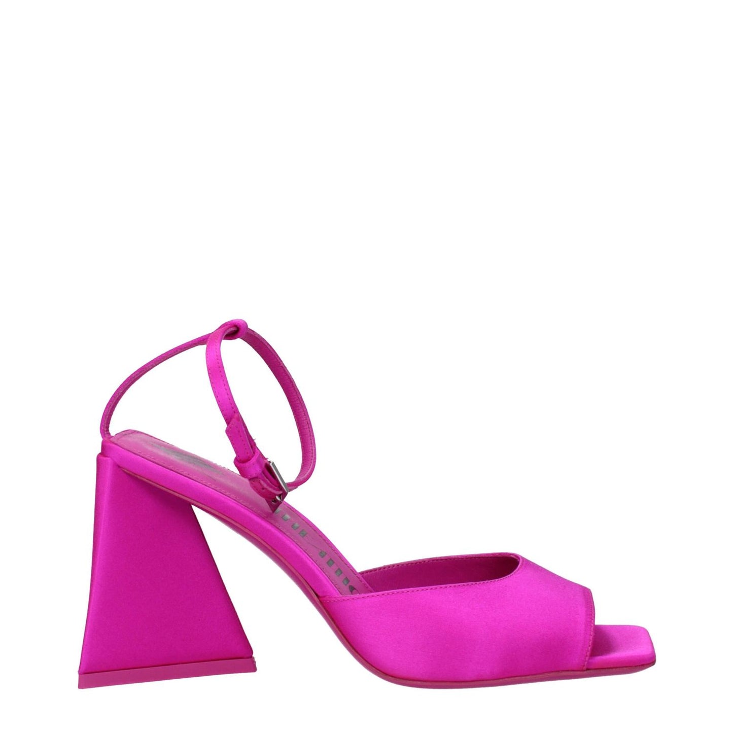 The Attico Pink Satin Stiletto Heel Sandals with open toe and buckle closure, featuring fuchsia satin and leather sole, 8.5 cm heel.